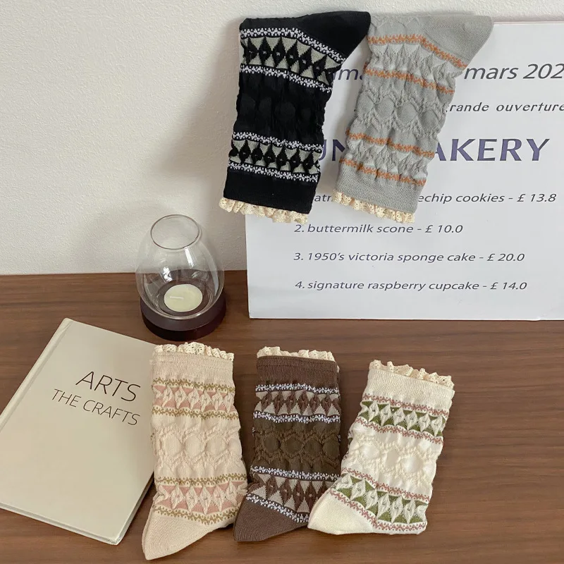 5 Pairs Autumn Winter Retro Color Lace Color Matching Literary Lady Wind Relief Pattern Medium Tube Stacking Socks Women Cotton