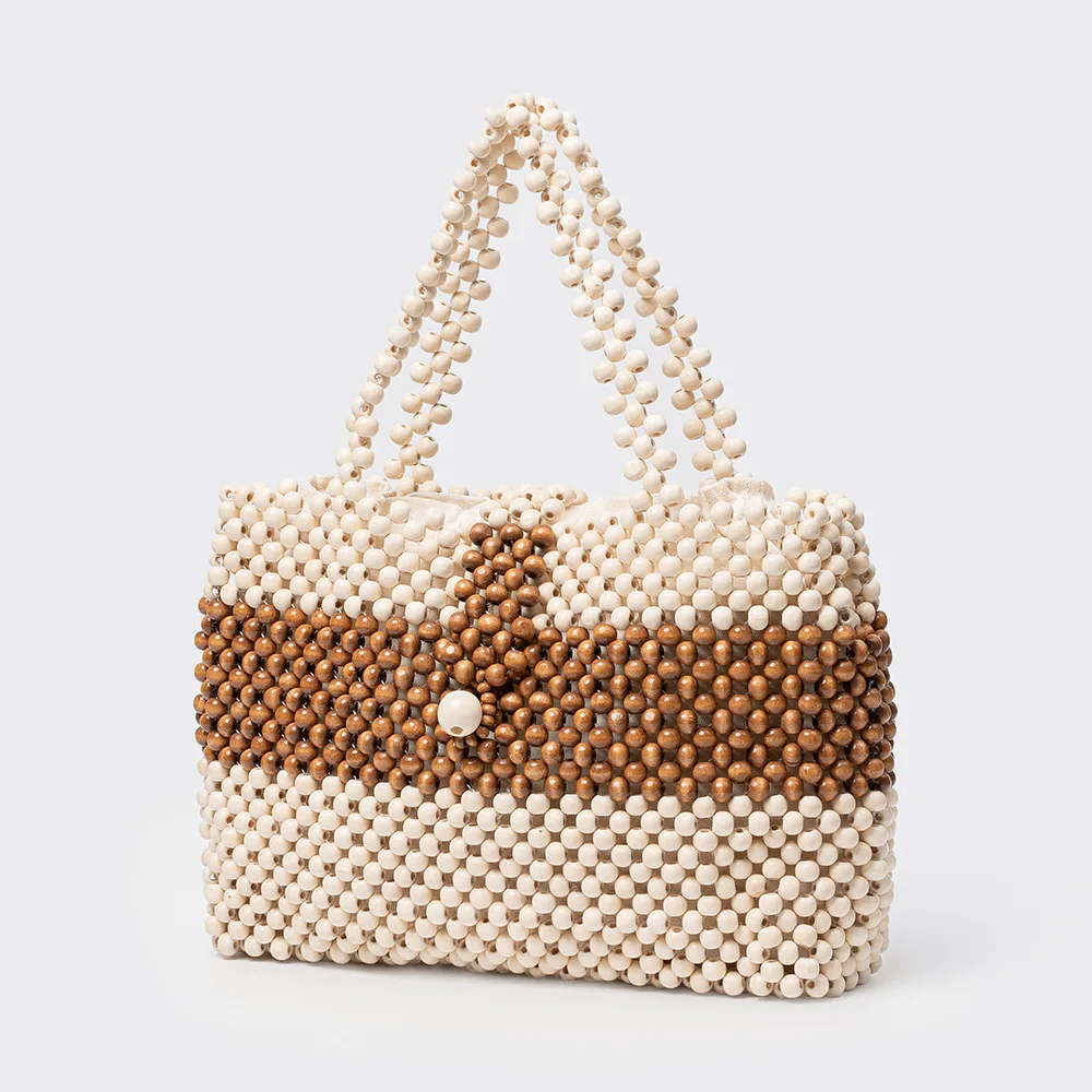 Luxury Wooden Beads Tote Bags Vintage Women's Square Handbag Handmade Fashion Banquet Bags Casual Beach Purses Bag Bolsos