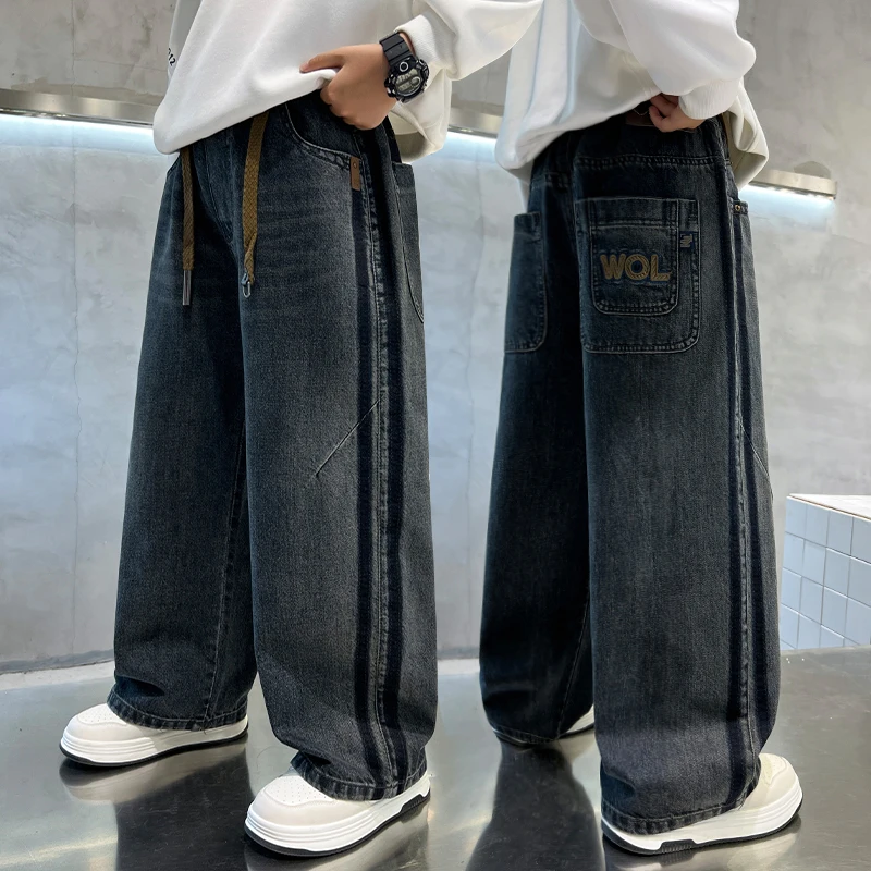 

High Fashion Children Straight Fit Jeans with Side Stripes For Junior School Boy Casual Denim Pants Kids Spring Autumn Trousers