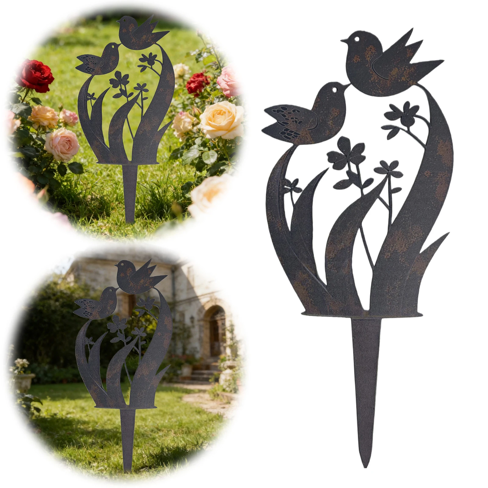 Piquets décoratifs en métal pour plantes d'extérieur, style rétro avec motifs d'oiseaux et de fleurs, robustes pour la cour, la pelouse, décoration de jardin rustique, ornement artistique