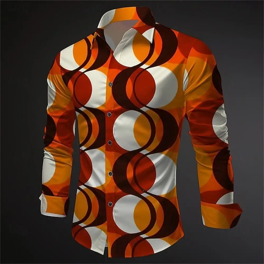 New men's long sleeved shirt, casual slim fit button down collar shirt, artistic geometric pattern shirt, men's fashionable top