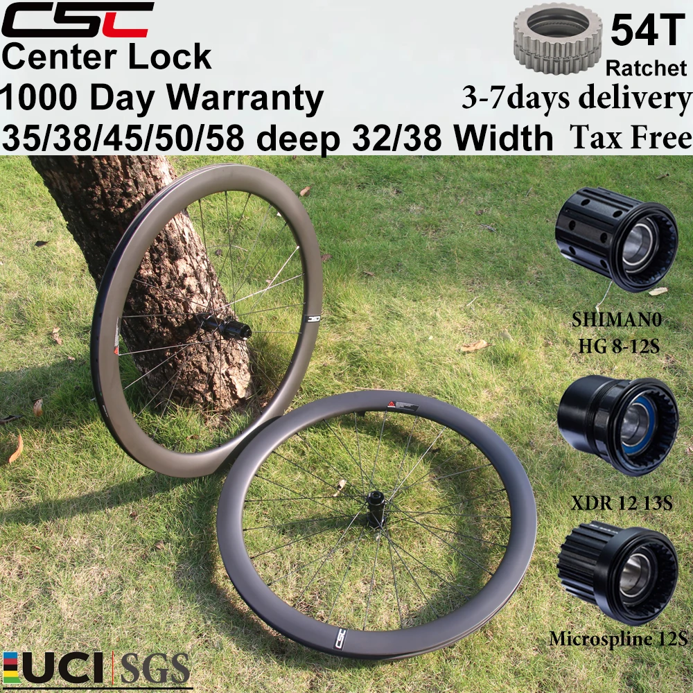 Roues de vélo de gravier en carbone CSC 1290g 700C, frein à disque Center Lock, roue libre 54T, profondeur 35/40/45/50/58mm, largeur 32/38mm
