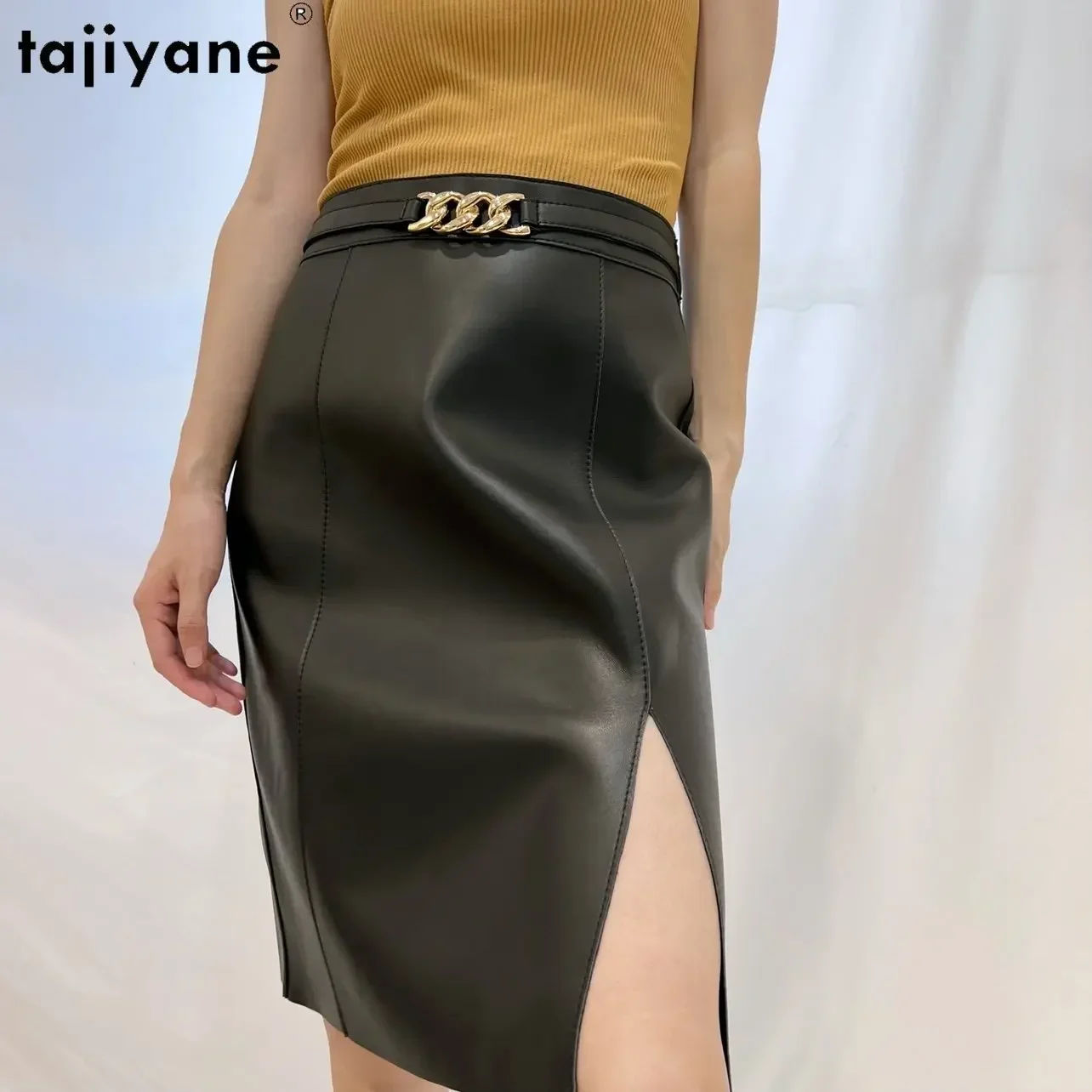 تنورة من جلد الغنم الأصلي من Tajiyane للسيدات بلون سادة تنانير عالية الخصر على الطراز الكوري تنورة أنيقة متوسطة الطول بفتحة جانبية