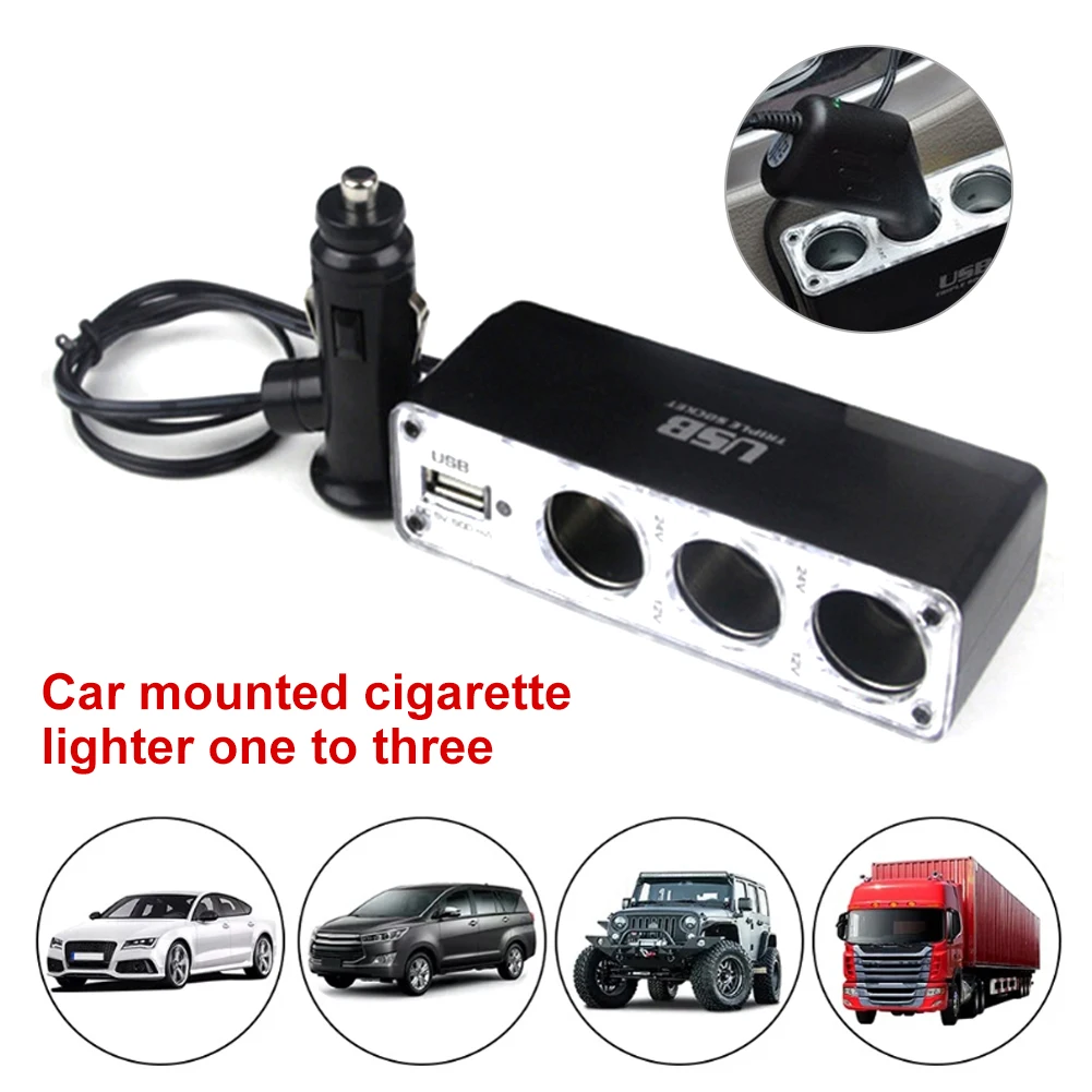 12V/24V Car Cigarette Lighter Splitter 3 In 1 Car Charger Power Adapter with USB Charging Port for Mobile Phone Dash Cam Pump