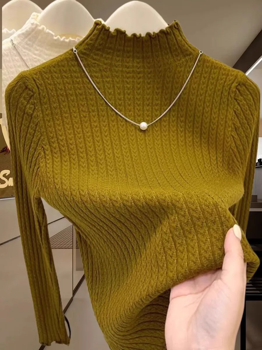 Novo branco malhas camisola de malha pulôveres femininos manga longa mock neck camisola de malha pulôver feminino topos sueter feminino q1754