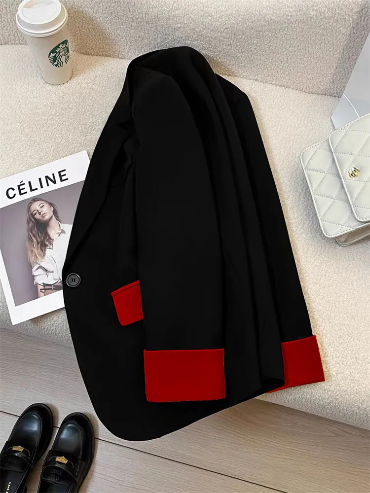 Color Block Women Blazers Elegant Casual Fashion Blazer Patchwork Loose Office Lady Long Sleeved Coats Autumn Winter