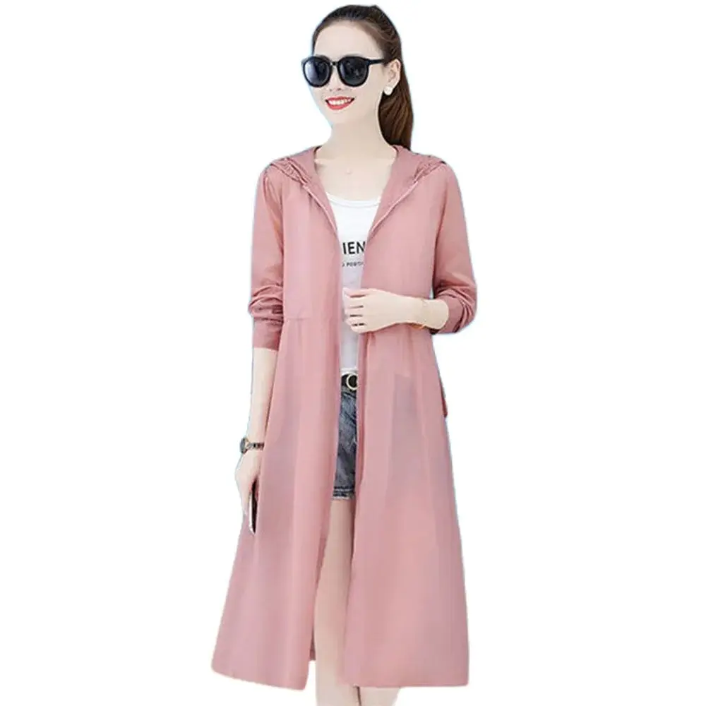 

Fashion Women's Sunscreen Clothing Summer Temperament In The Long Western Style Hooded Waist Joker Breathable Thin Trench Coat .