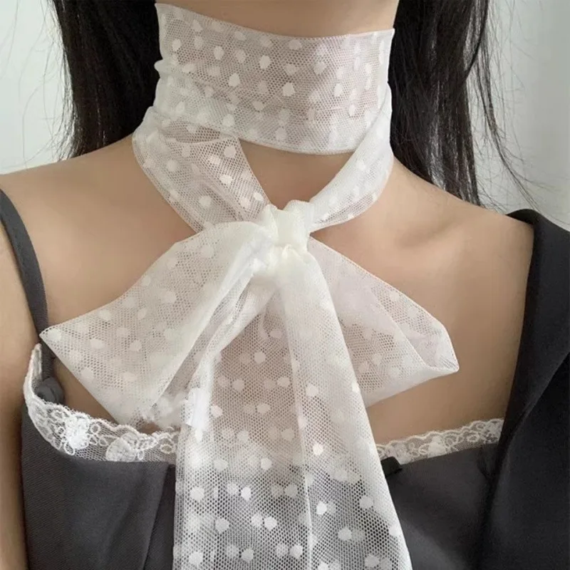 

White Lace Polka Dot Long Bib Silk Scarf Wom High-luxury Party Decoration Floating Ribbon Korean Hundred Temperament Scarf