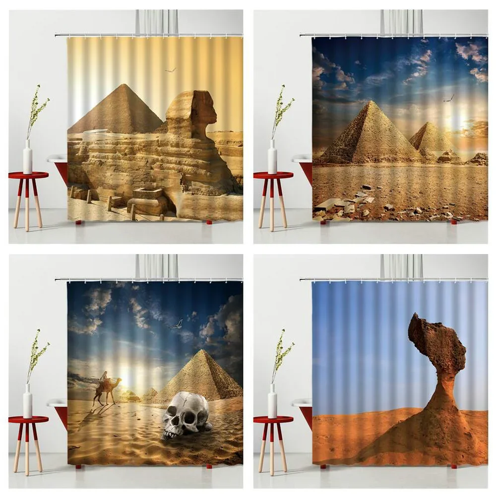 Egyptian Landscape Print Shower Curtains Tourist Attraction Pyramid Sphinx Waterproof Polyester Fabric Multiple Size With Hooks