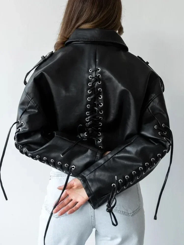 

Vintage Bomber Jacket Women Lace Up PU Leather Motorcycle Jacket Streewear Biker Coat Spring Autumn Women Clothing Jaqueta