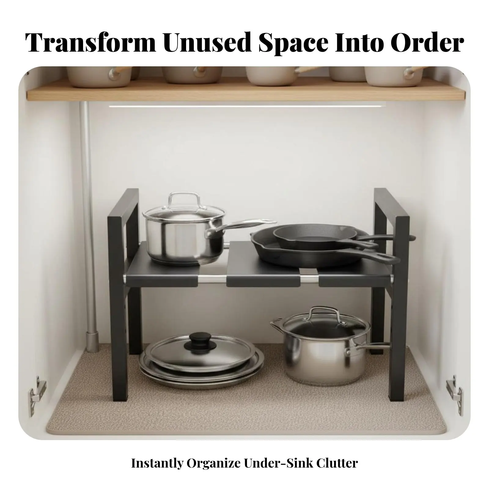 

Expandable Under-Sink Rack Easy to Install 2-Tier Adjustable Shelf Versatile Movable Panels for Kitchen, Cupboard, Bathroom
