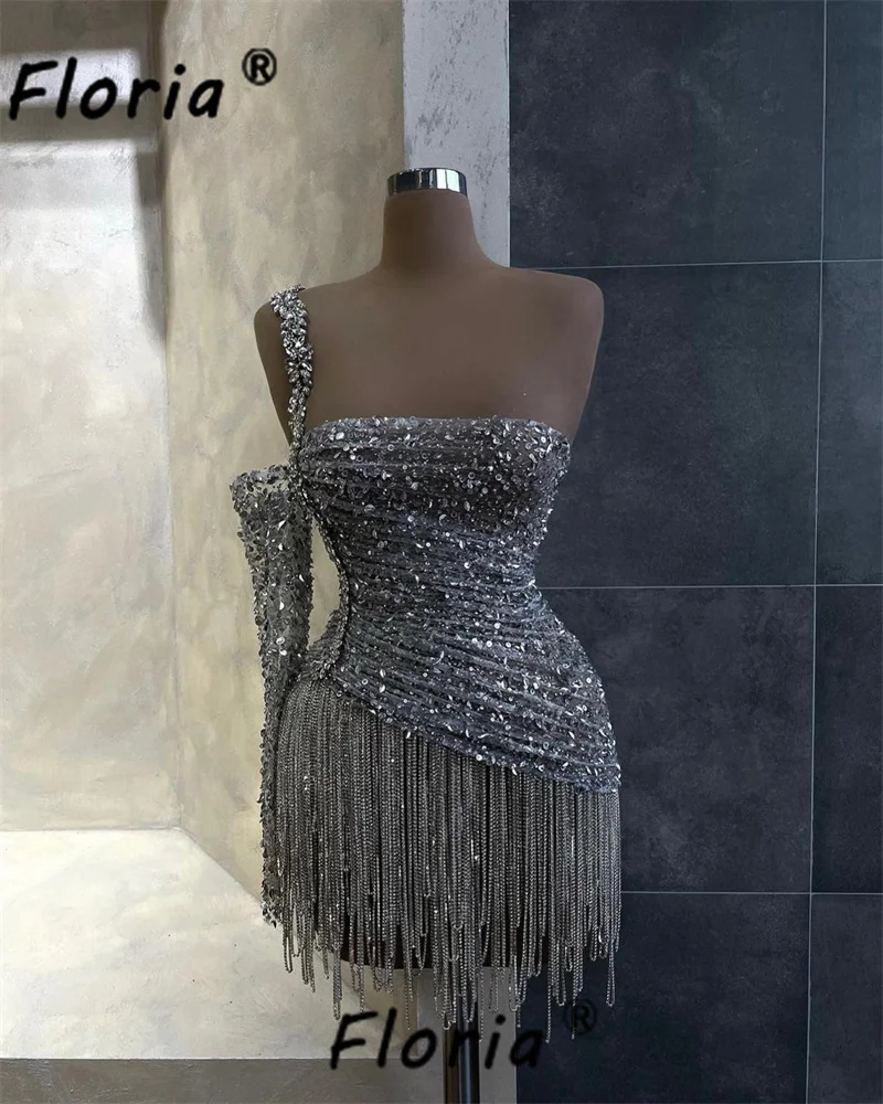 Cham vestido de cóctel de cuentas plateadas con flecos de borla larga, una manga, lentejuelas de cristal, brillante, corto, Homecoming, ropa de fiesta, el más nuevo