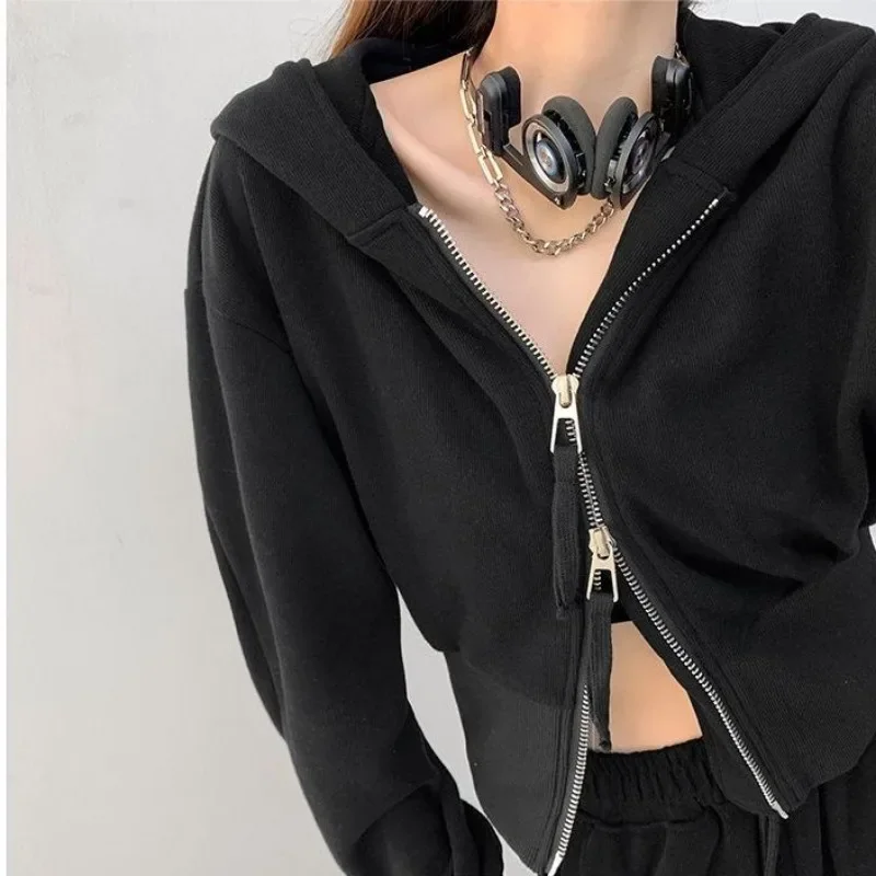 Deeptown Solid Women Zipper Sweatshirts Korean Style Cropped Hoodies Oversized Casual Basic Black Streetwear Female Fashion Tops