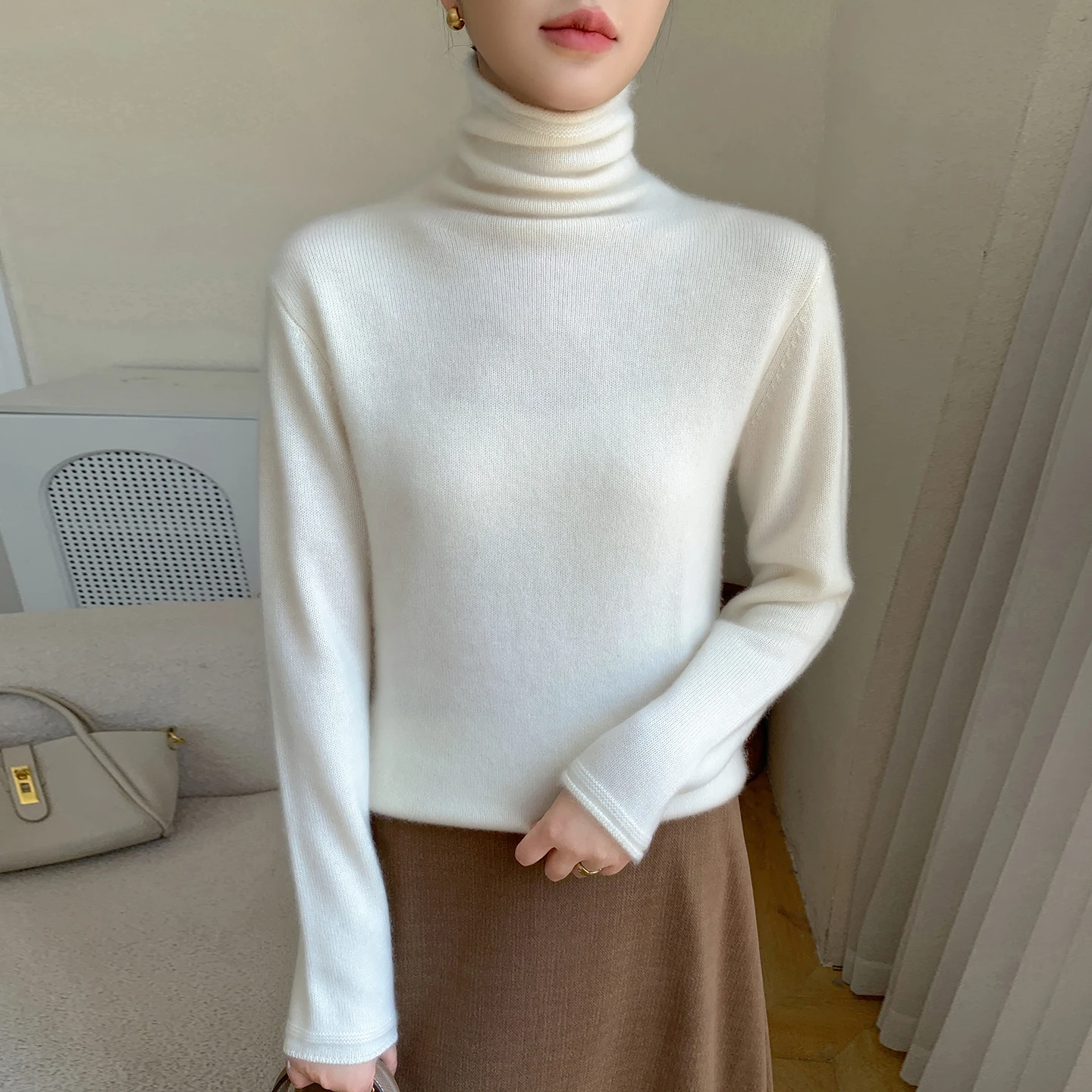 

Women's autumn and winter sweater, 100% cashmere pullover sweater, casual knitted high neck top, loose basic top, pile neck