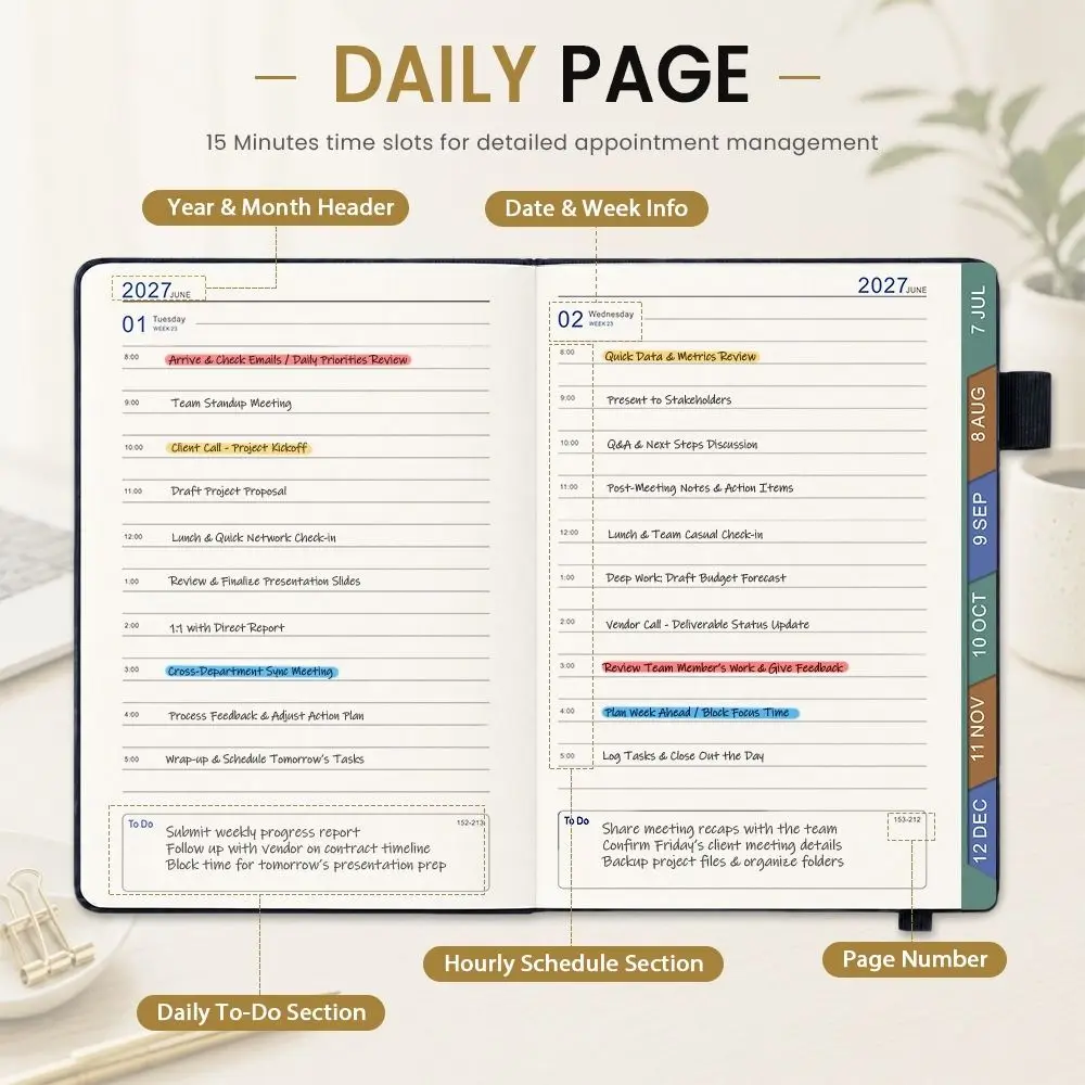 A5 Size Daily Planner Notebook Thick Paper Multi-Color Hardcover Planner Book Leather Cover To Do List 2027 Calendar Log