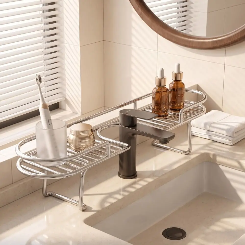 No-Drill Faucet Storage Rack Foldable Foot Stainless Steel Kitchen Sponge Holder Stable Hollow Out Bathroom Organizer