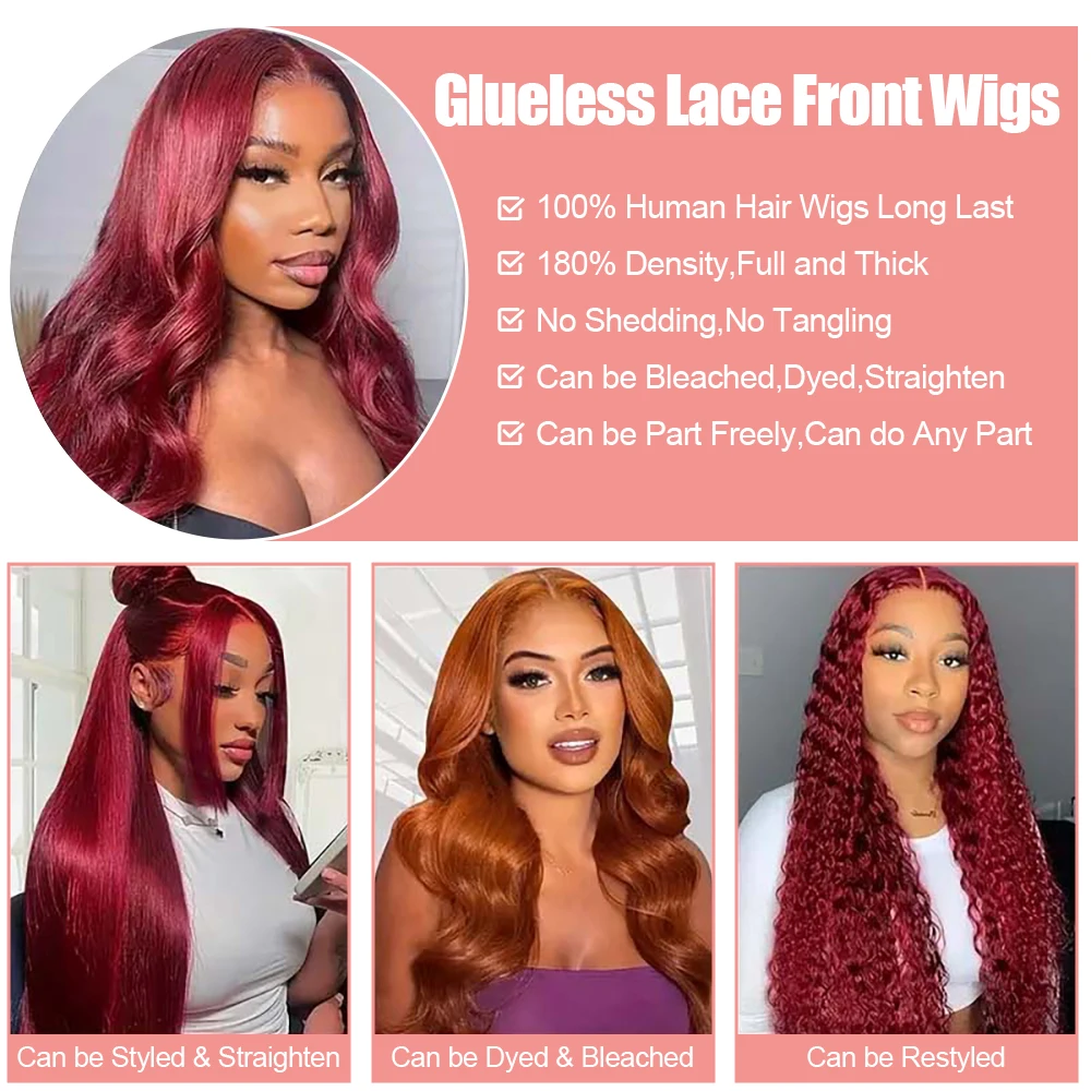 99j Merah Marun 13X6 Rambut Manusia Renda Depan Kepadatan 250 Gelombang Tubuh 7X5 13X4 Wig Tanpa Lem 40 Inci Berwarna Merah Siap Dipakai untuk Wanita