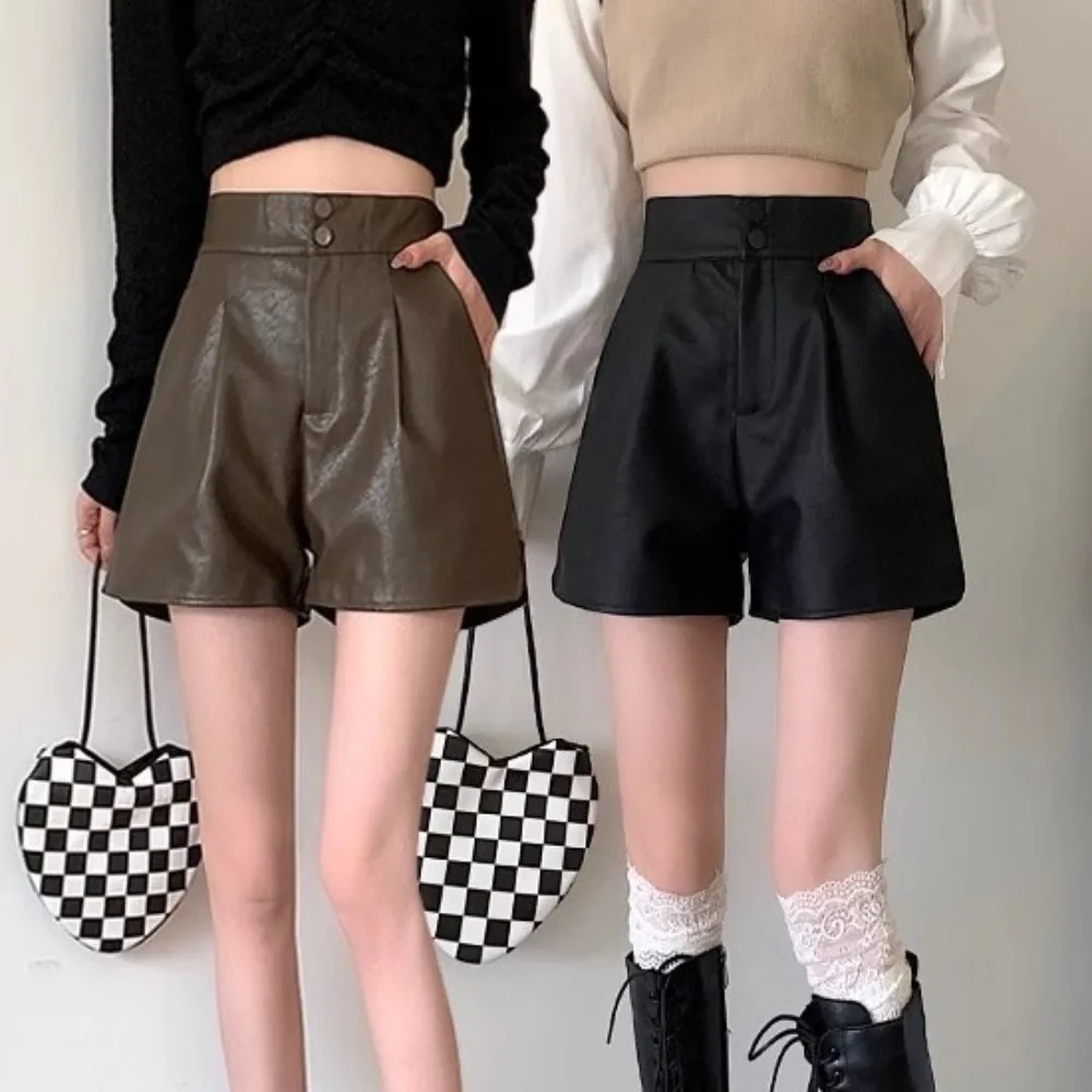 Casual PU High Waist Leather Shorts Black Loose Hot Woman Short Pants Button Baggy Elastic Waist Shorts Summer