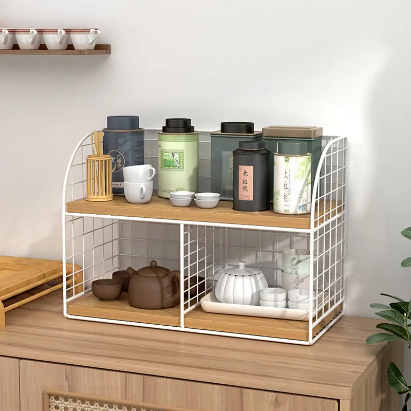 

Mesh Tea Cup Holder Wooden and Metal Combination Storage Rack Desktop Makeup Sundry Storage Home multipurpose storage organizer