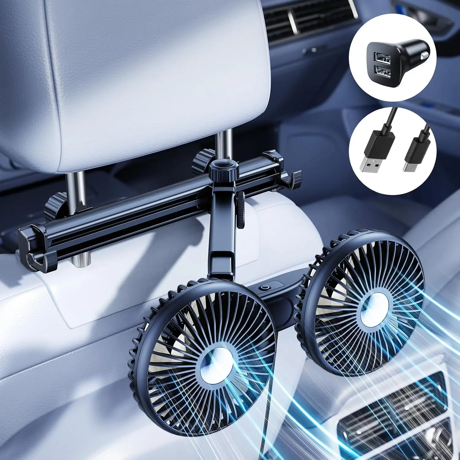 2026 New Upgrade Car Fan For Rear Seat With Extension Arm Foldable Bracket, Adjustable Dual Head USB Cooling Fans For Car Seat,