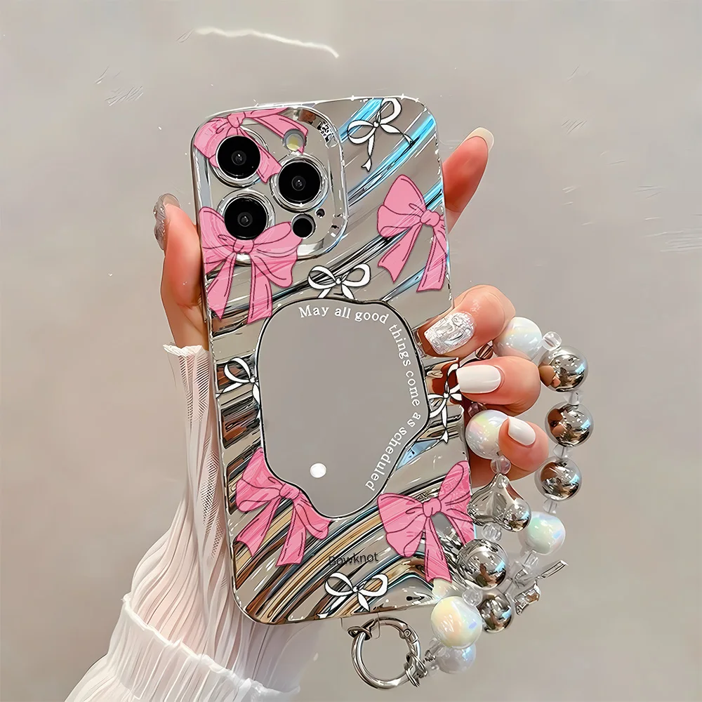 Pink Bowknot Silver Mirror Phone Case For iPhone 17 Pro Case iPhone 13 14 12 11 15 16 Pro Max Wave Glossy Cover With Lanyard