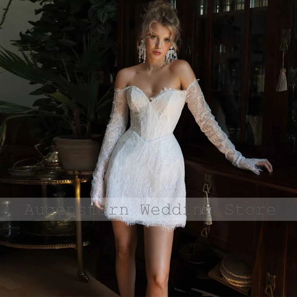 Civil Wedding Dresses	Mini Exquisite Lace A-line Wedding Party Dress White Off-the-shoulder Short Wedding Dress 2025 image 3