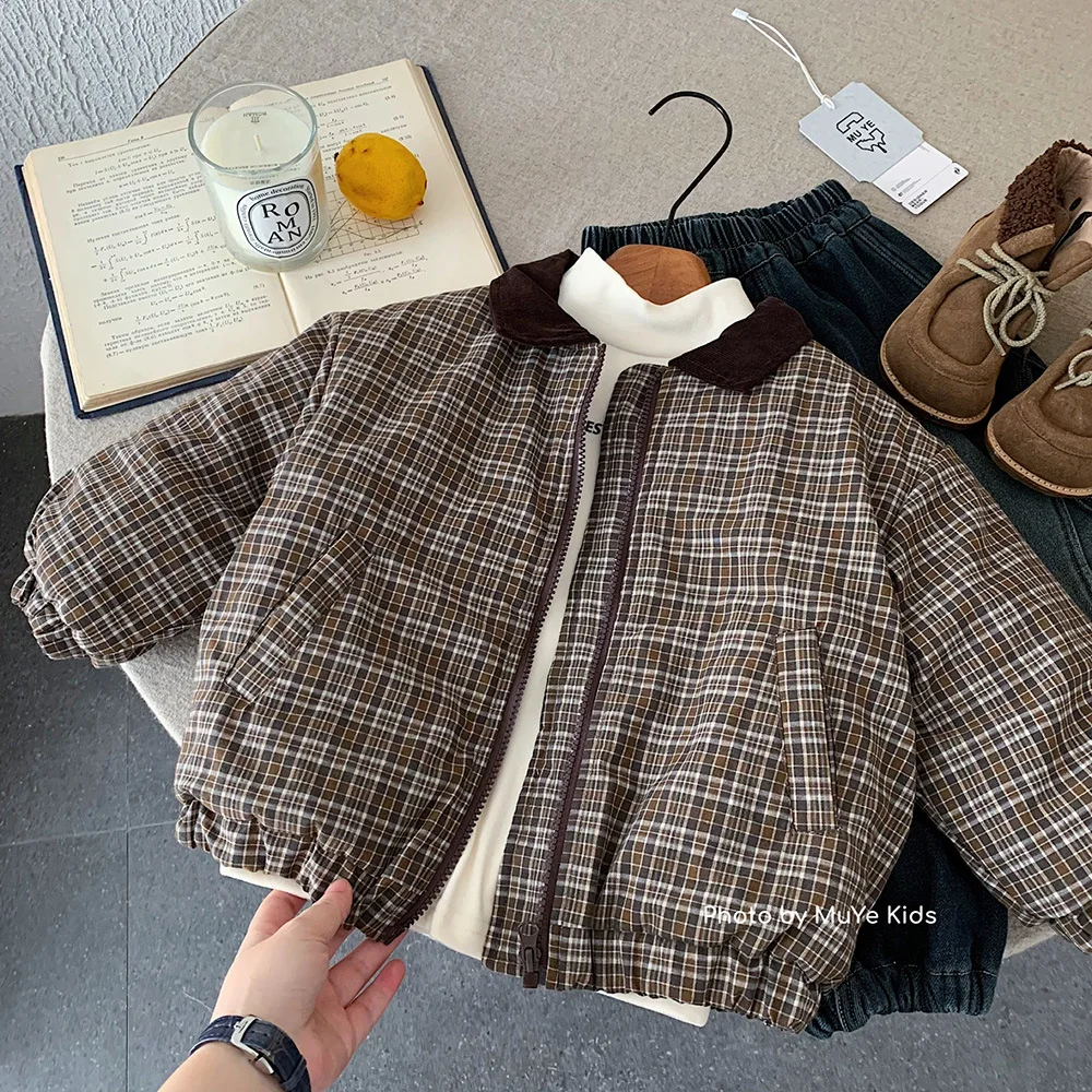 

UNITIM парки для маленьких мальчиков, новая зимняя клетчатая утепленная детская куртка для маленьких мальчиков с отложным воротником, детская верхняя одежда для мальчиков, пальто