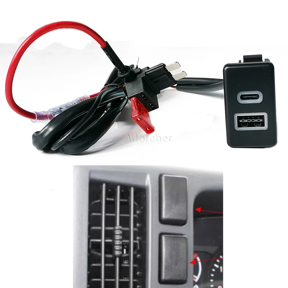 

12V/24V Red LED Car Charger Dual QC3.0 USB TYPE-C PD Interface Socket Phone Charge Adapt Cable Fit for Isuzu Suzuto 18-22 D-MAX