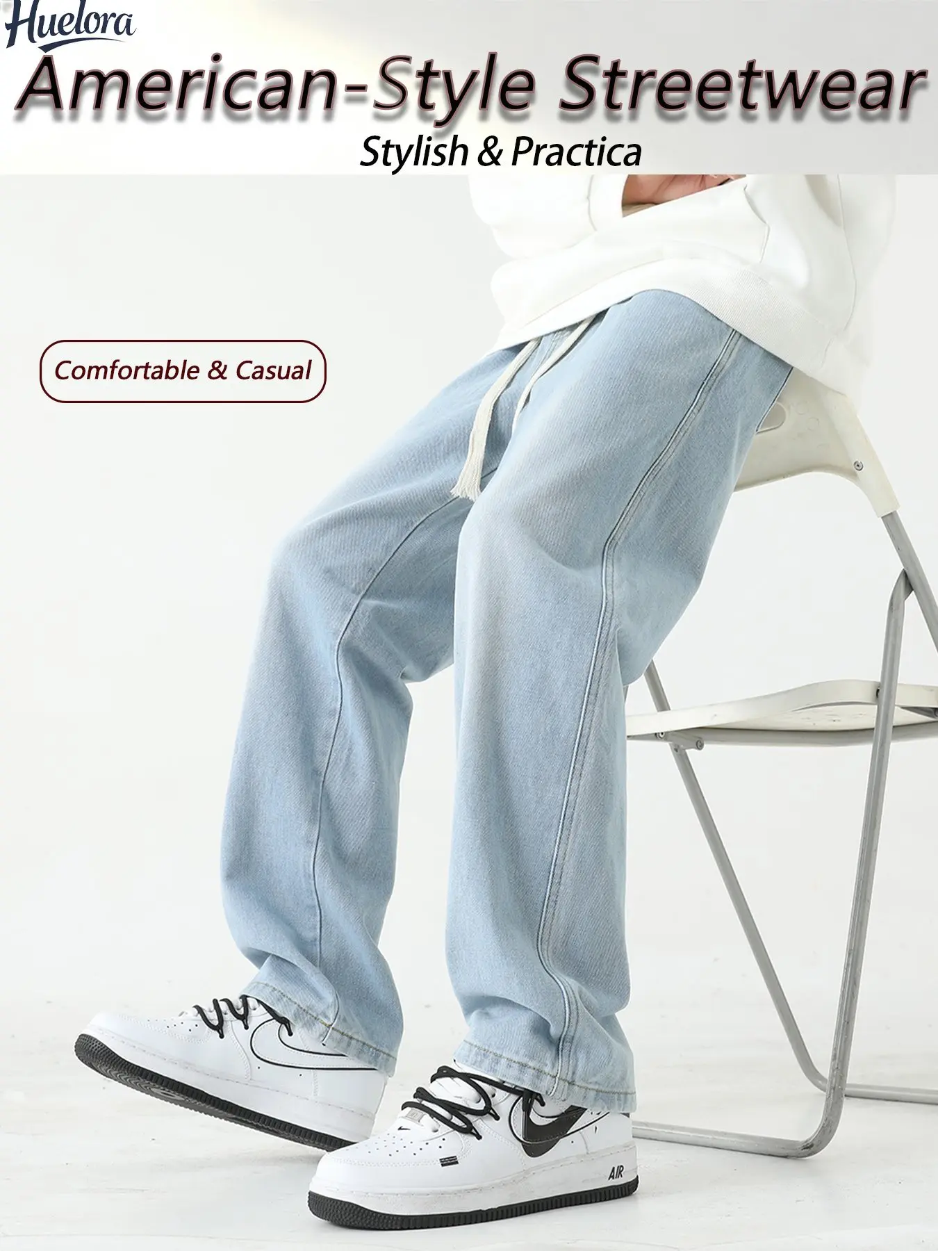 Vintage Loose‑Fit Straight‑Leg Jeans, Drawstring Elastic Waist, Casual Streetwear Denim Trousers for Hiking & Daily Wear