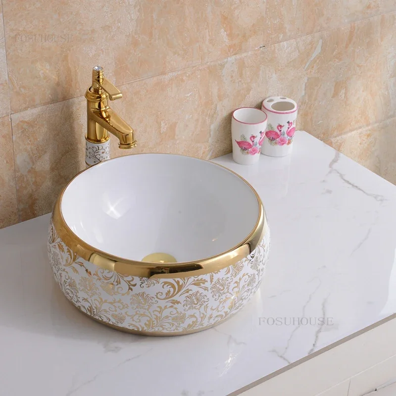 for  Bathroom Sinks Above Counter Basin Luxury Bathroom Fixtures Household Washbasin Hotel Round Creative Washing Sink Basin