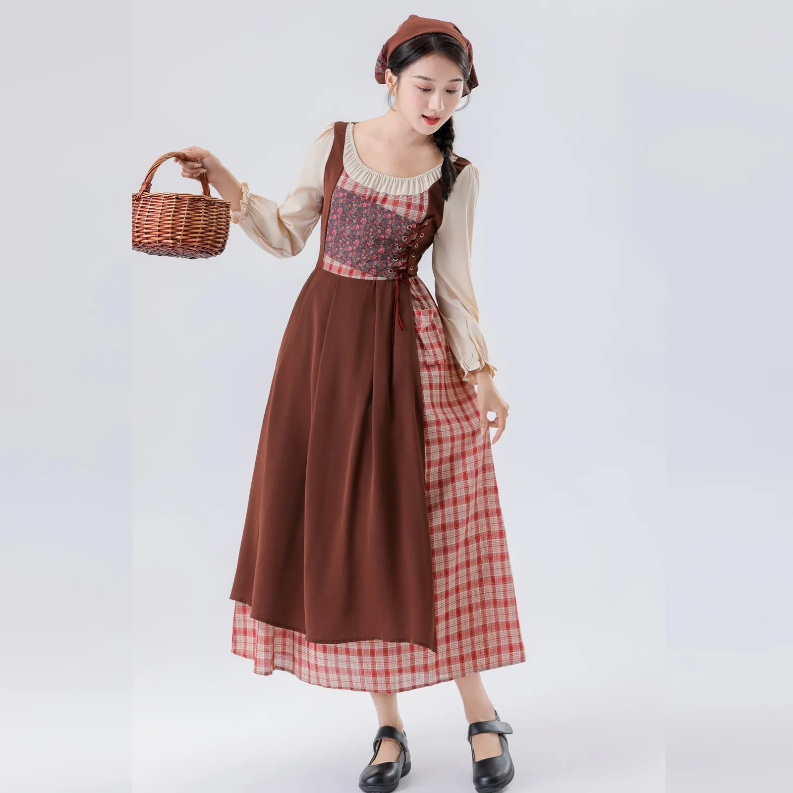 Ladies' Temperement Pastoral Style Fresh Patchwork Long Sleeve A-line Skirt Plaid And Flower Splicing High Waist U-neck Dress