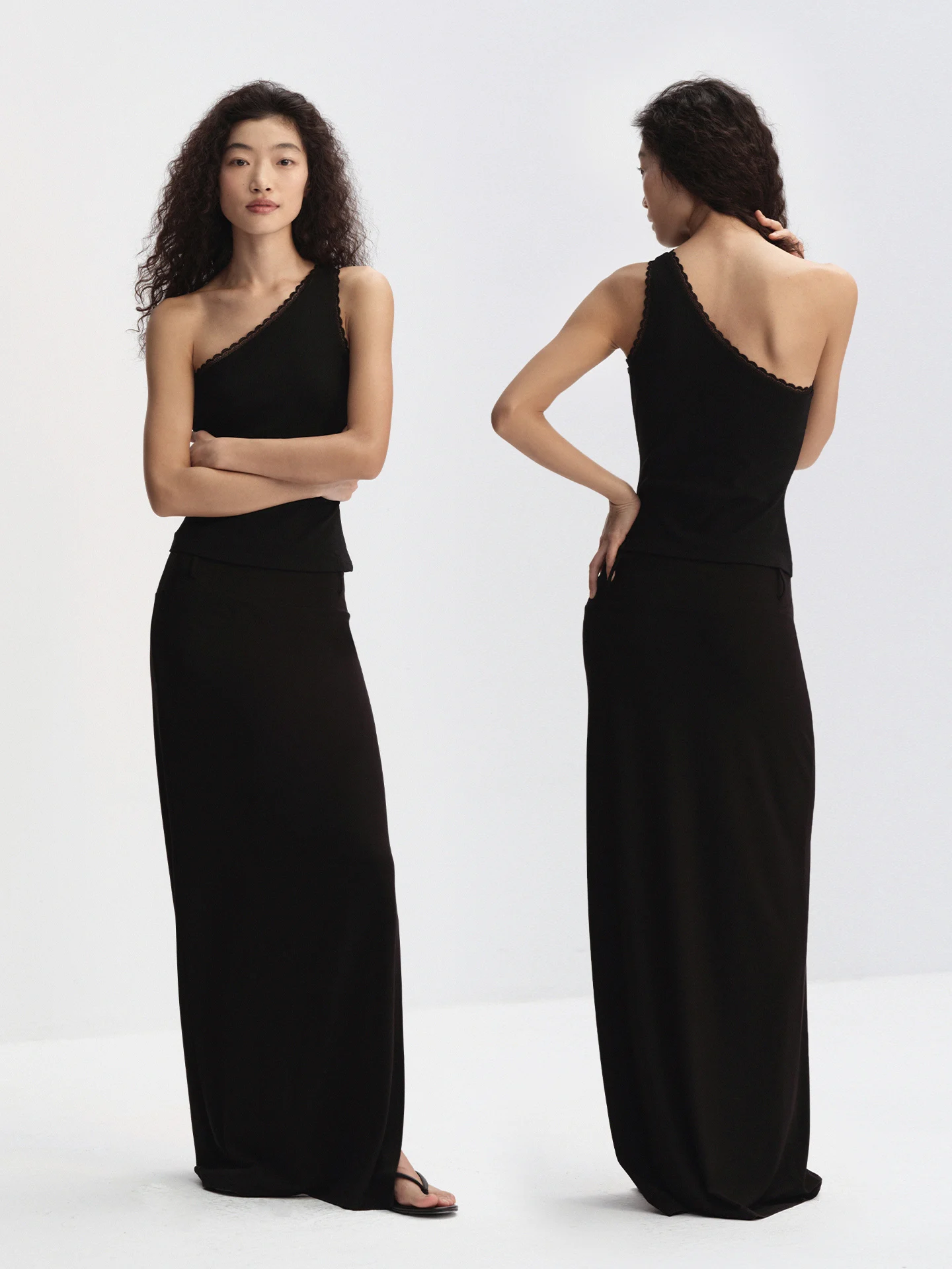 

RA Everyday Lace Trim Sleeveless Top Shoulder Baring Design for Side Breast Coverage Black Purple High Elasticity Slim Fit
