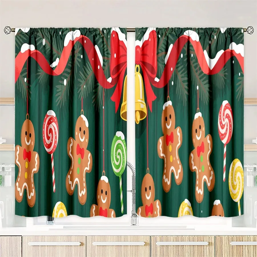 2PCS Christmas Curtains Gingerbread Man Lollipop Bell Red Ribbon Green Background Digital Print Drapes for Living Room Bedroom