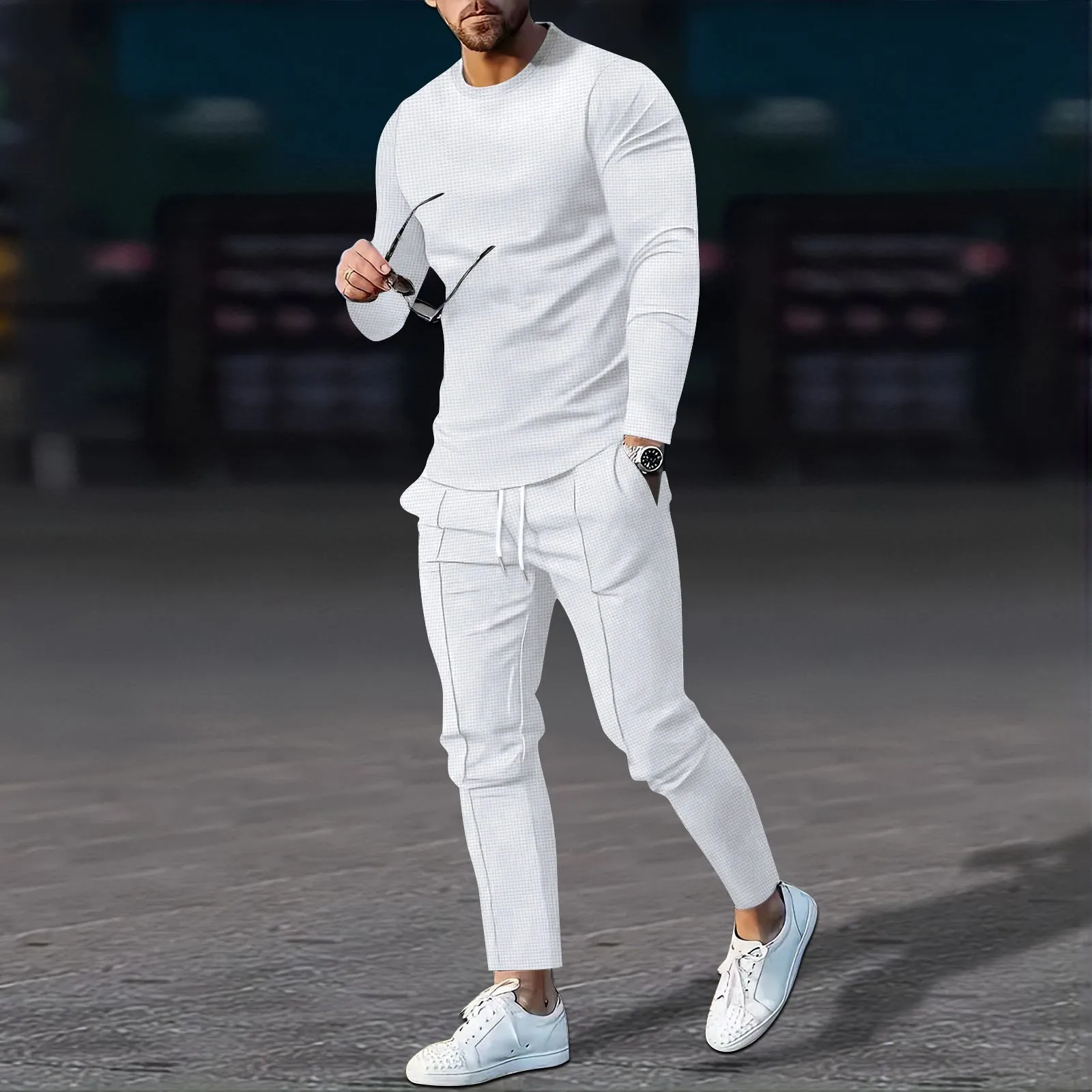 

Mens Waffle Textured Two Piece Set Crew Neck Long Sleeve Top + Drawstring Jogger Pants Comfortable Casual Wear Suit for Men