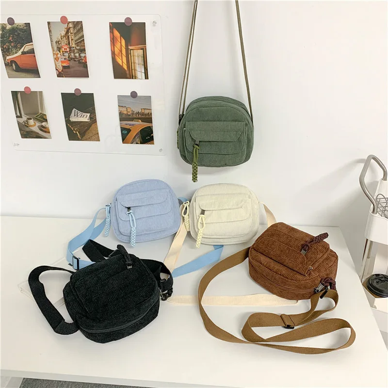 

Commuter ladies small backpack solid color round shoulder bag retro thickened corduroy commuter diagonal span bag