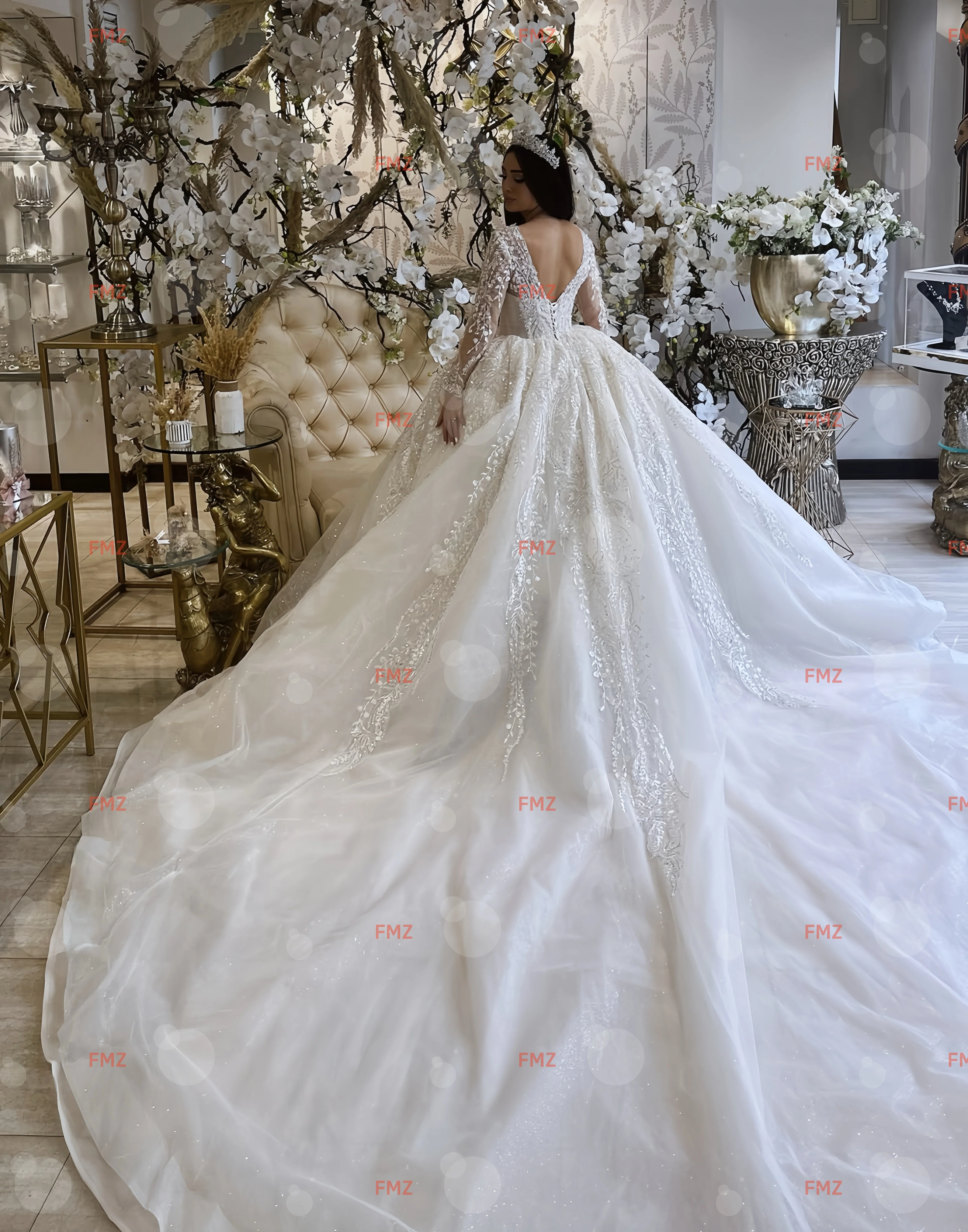 Customzied V-neck long-sleeved Ball Gown splendid wedding dress vestidos de novia amanda novias amanda novias official