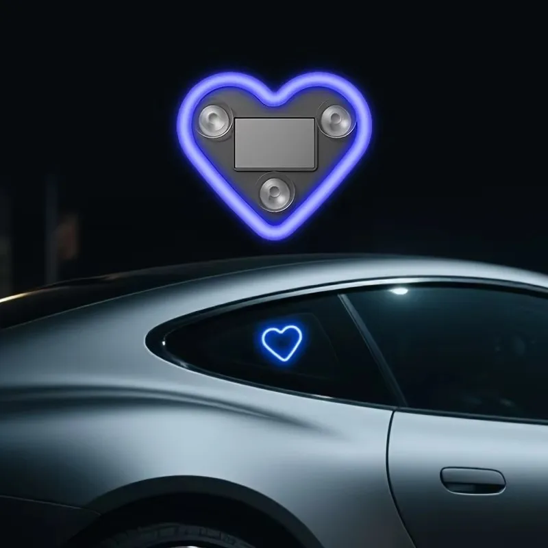MOBIDEA Solar-Powered Car Window Atmosphere Light - Heart-Shaped RGB Color-Changing Wiring-Free LED Neon Interior Light