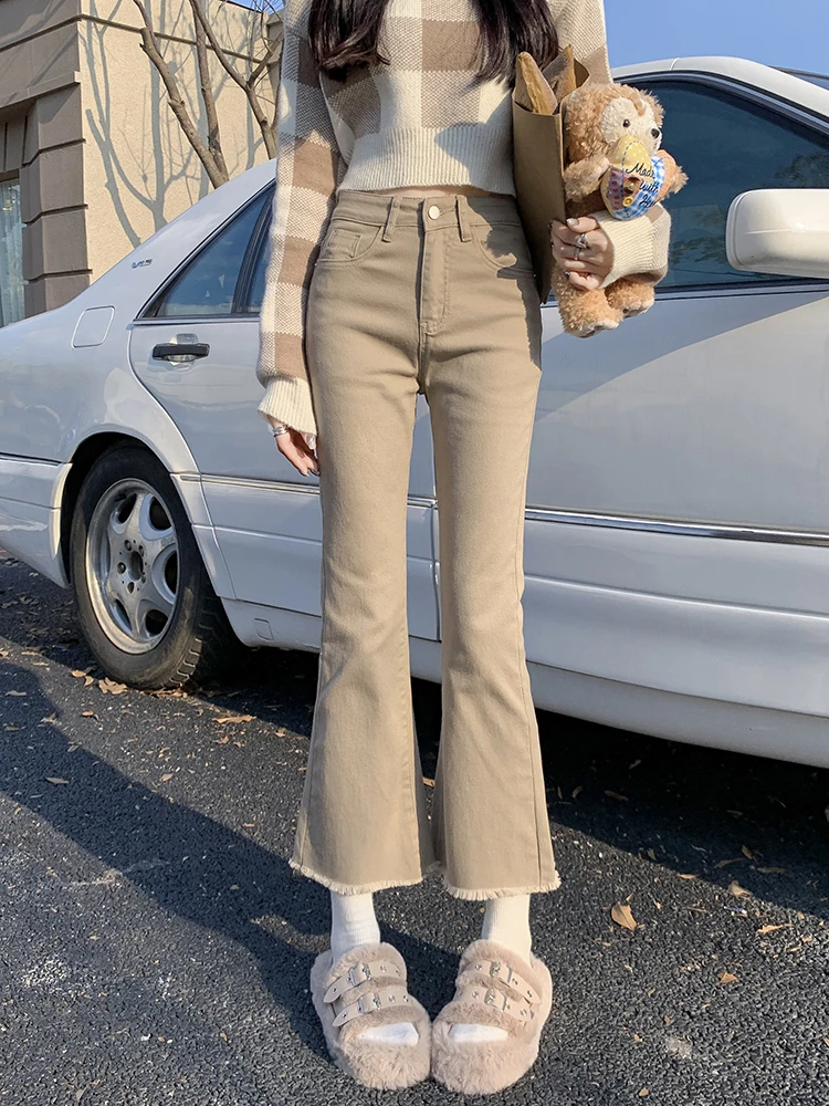 Retro Winter Velvet Ripped High Waist Ankle-Length Jeans Women Korean Fashion Flare Pants Stretch Denim Pants Pocket Trousers