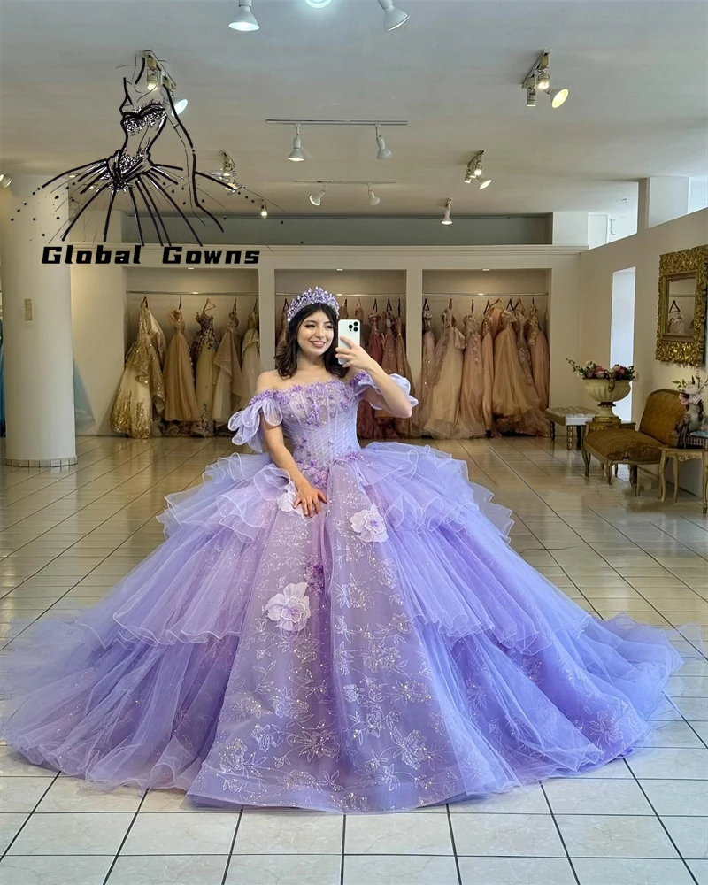 

Mexico Purple Off The Shoulder Ball Gown Quinceanera Dresses For Girls Appliques Party Gowns Tiered Beaded Sweet 16 Robe De Bal