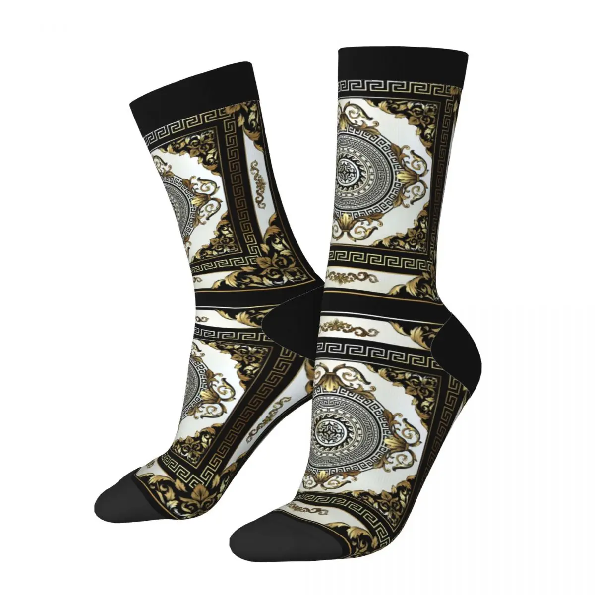 Autumn Winter Funny Unisex Ornate Baroque Cream Gold Black Greek Key Socks Breathable Sports Socks