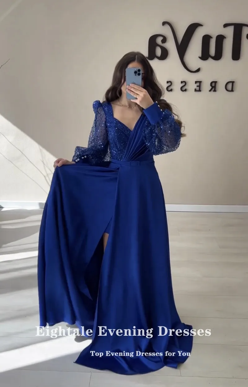 Eightale Royal Blue Evening Gowns Sparkly V-Neck Long Puffy Sleeve Customized Satin Formal Occasion Prom Party Dress Robe Soiree