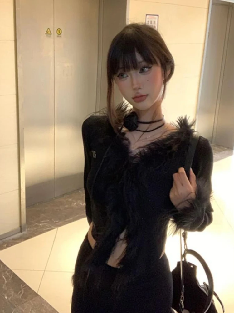 Sexy Vintage Irregular Grunge Cardigan Y2k Aesthetic V-neck Slim Fit Crop Jacket Women Harajuku Fur Patchwork Coat 2024 Autumn