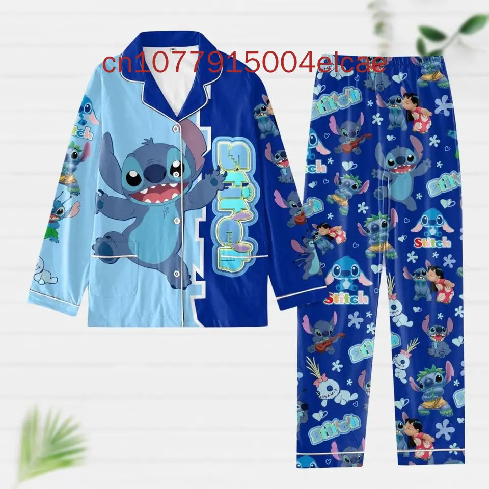 Piyama Stitch natal pria dan wanita, Set piyama kemeja lengan panjang motif 3D untuk pria dan wanita