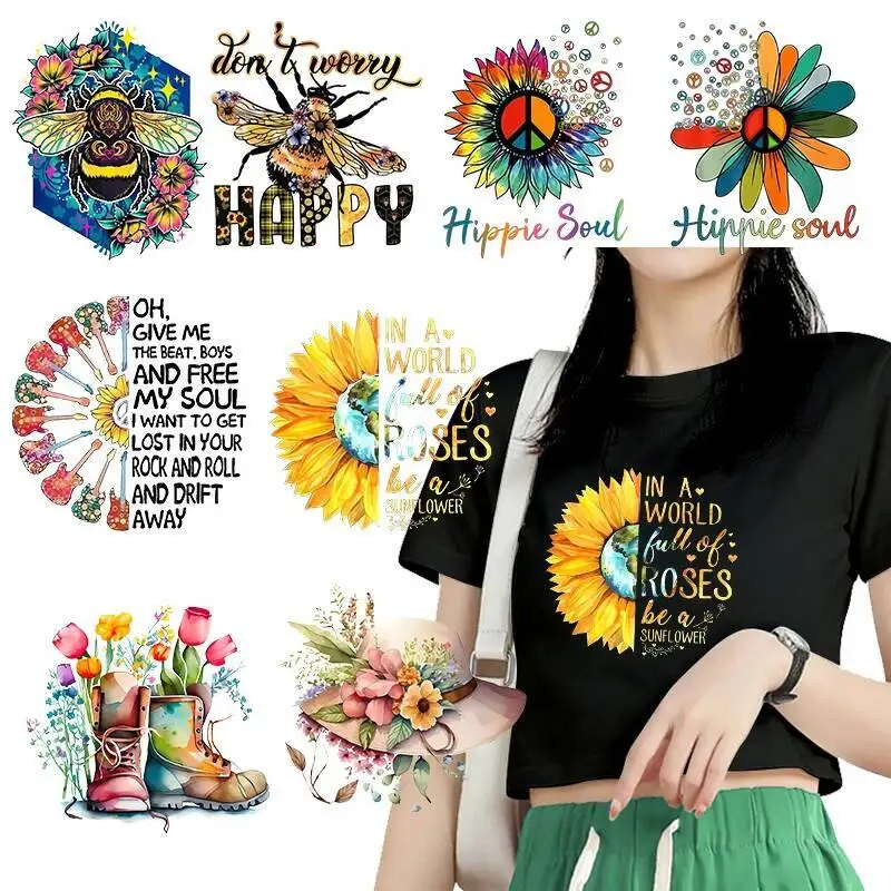 Słonecznik kwiatowy Transfer ciepła t-shirt DIY winylowe naklejki Retro bee gitara nadruk z alfabetem moda damska odzież naklejki