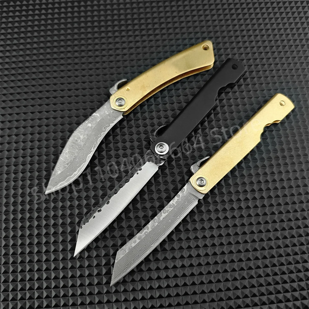 Folding Knife Small Kitchen Knives Higonokami Damascus Steel Blade Copper Handle Outdoor EDC Pocket Knife Camping Hiking Tools