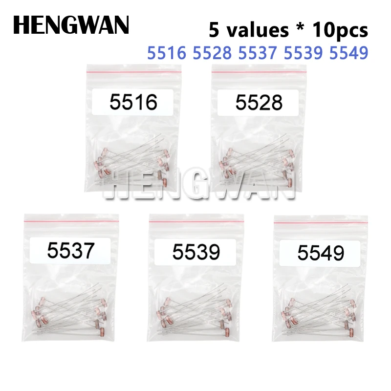 Kit de fotorresistencia fotoeléctrica LDR, 50 piezas, 5 valores x 10 piezas, sensible a la luz, para 5516, 5528, 5537, 5539, 5549, GL5528