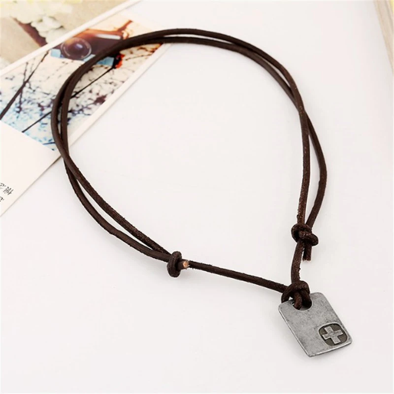 Fashion Men Vintage Faux Leather Pendant Adjustable Chain Necklace Jewelry Gifts