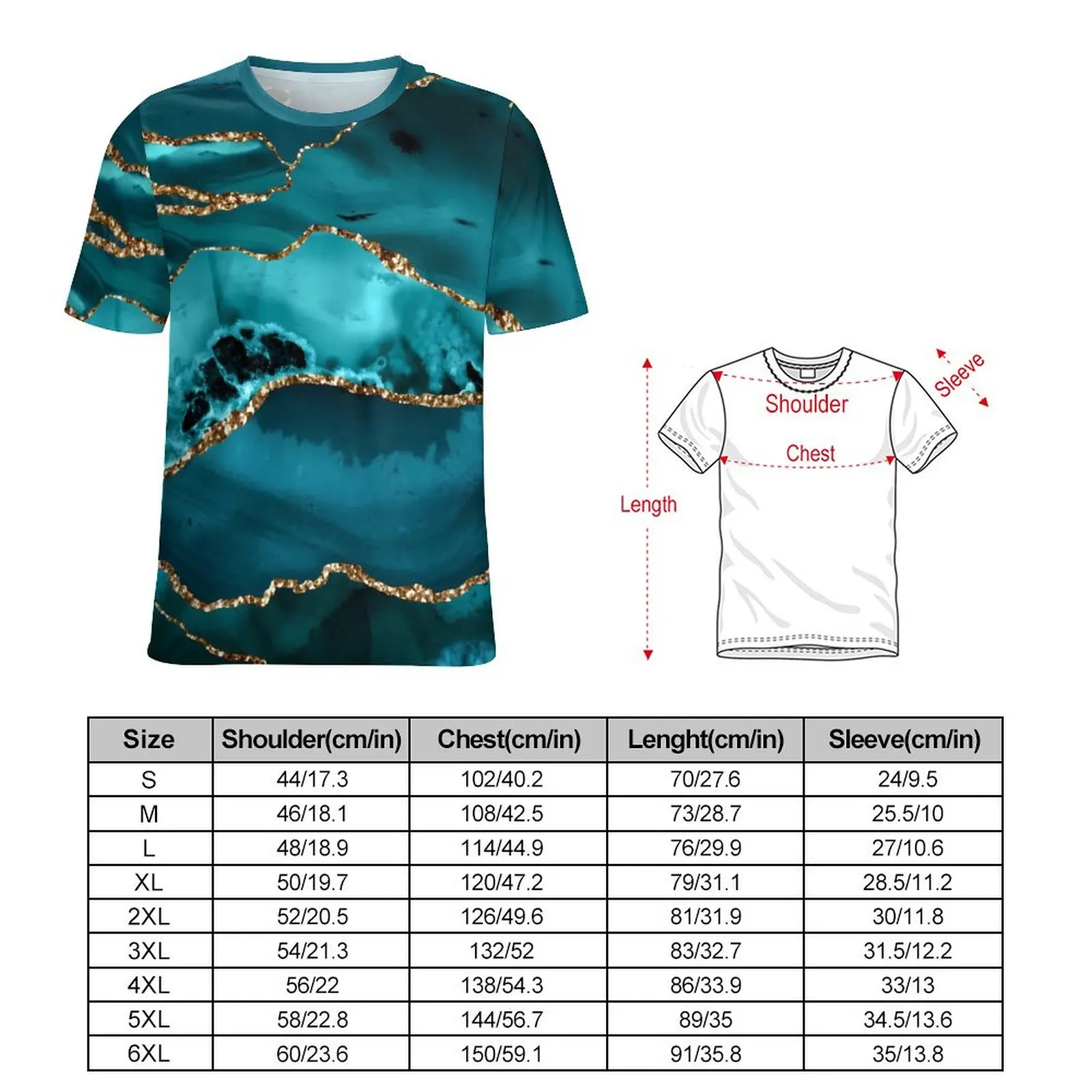 Glitter Marble T-Shirt For Male Blue and Gold O Neck T Shirts Summer Retro  Clothing Short Sleeve Casual Big Size Tee Shirt