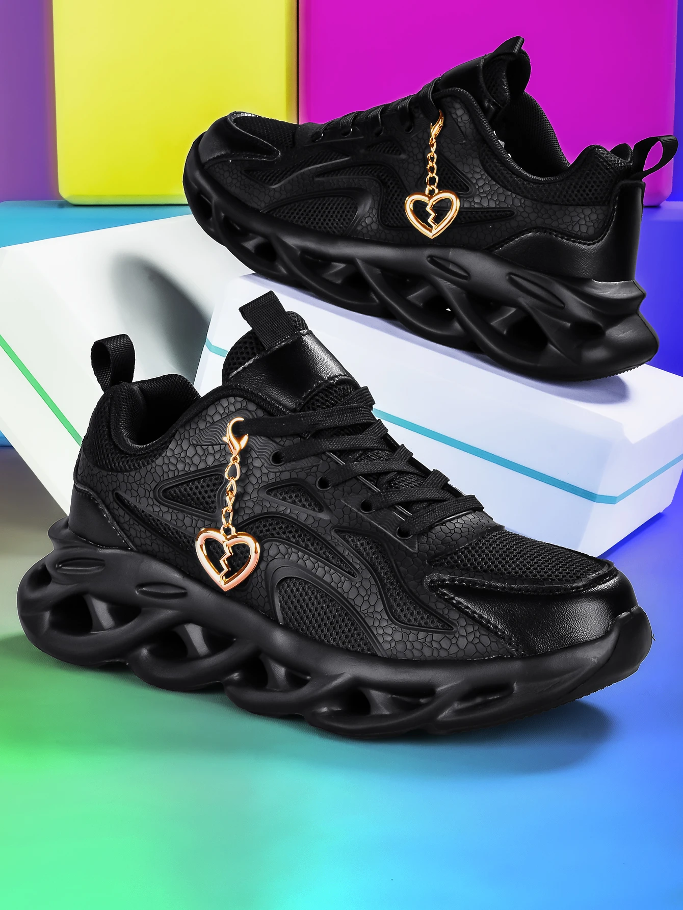 Women's 2026 New Style Dark Sweet-Cool Style Thick-Soled Dad Shoes with 5cm Height Increase, High Street Subculture Trend, Versatile Casual Sneakers, Breathable Mesh Fabric with Cracked Texture Leather Upper, Detachable Gold Heart-Shaped Metal Pendant, Flat Lace-Up Design, Eva Cushioning Hollow Wave Blade Sole, Unisex, Suitable for All Seasons, Student Daily Commute Street Fashion Shoes view 3