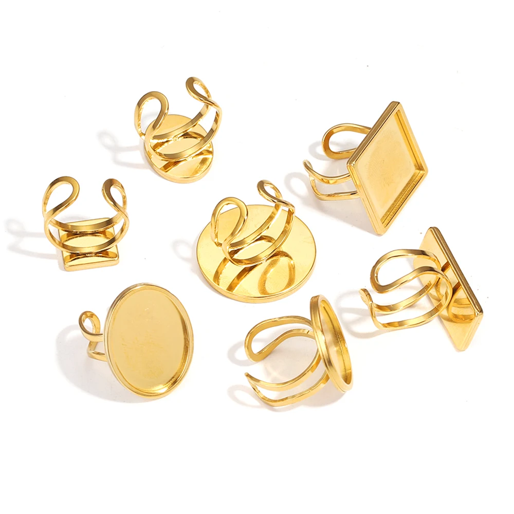 4pcs Stainless Steel Gold Color Round Open Ring Setting Cabochon Blank Tray Base DIY Jewelry Making Border Accessories Wholesale